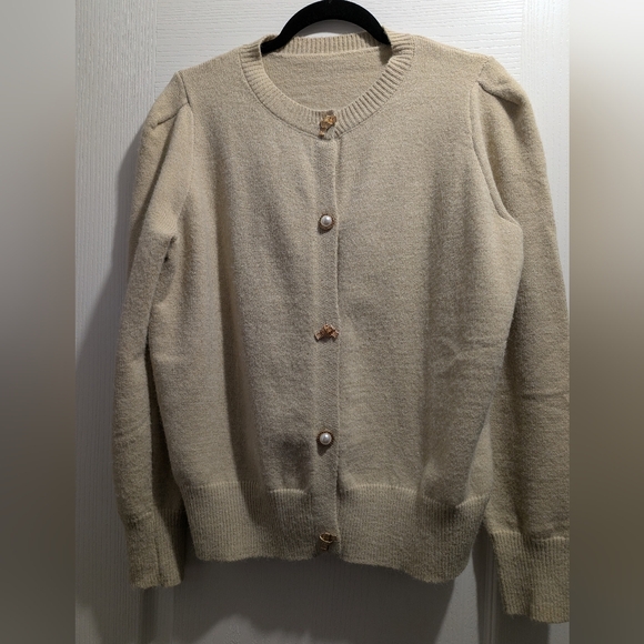 Cream Pearl-Button Crewneck Cardigan Sweater - Picture 4 of 4